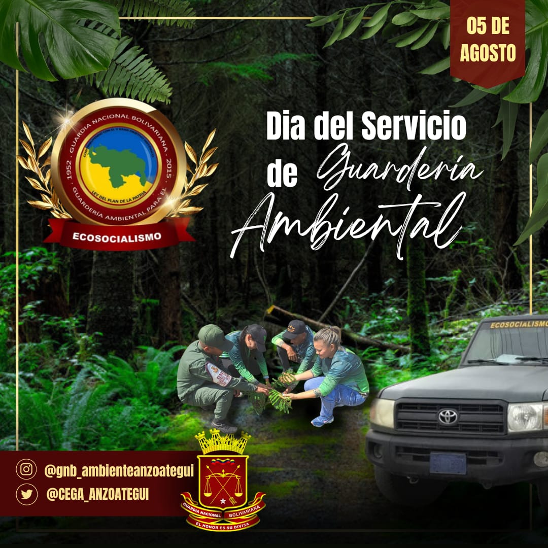 Hoy #05Ago Celebramos el Día del Servicio de Guardería Ambiental, felicitamos a todos los que día a día trabajamos incansablemente por la protección y preservación de nuestro ambiente.
#PatriaSoberanaYPlena
<a href="/ElioEstrada18/">MG. Elio Estrada</a> 
<a href="/GnbGaranteDePaz/">Guardia Nacional Bolivariana</a>