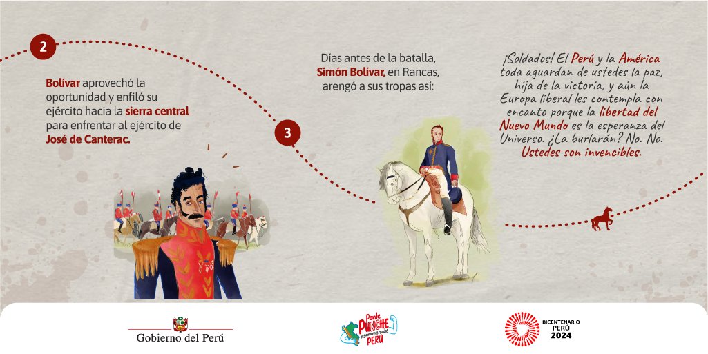 MineduPeru's tweet photo. ⚔️ ¡Falta un día para conmemorar una gran victoria patriota!
🐎 Casi 2300 hombres a caballo, entre patriotas y realistas, se enfrentaron en la batalla de #Junín. En el año del Bicentenario de este hecho histórico, conoce estos datos.💫

#JunínBicentenario
#BicentenarioPerú2024 🇵🇪 https://t.co/vFw3gGQpsl