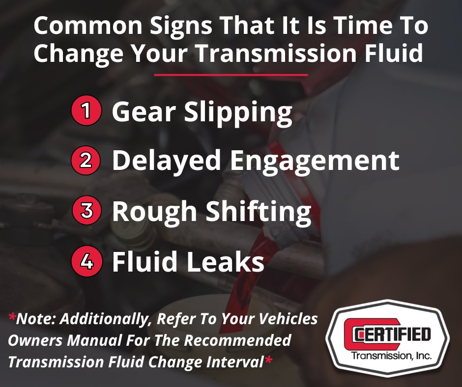CertTransRepair's tweet photo. Knowing when to change your transmission fluid depends on various factors such as the vehicle make, model &amp; manufacturer's recommendations.

Here are some common signs that indicate it may be time to change your transmission fluid! 🚗

#CertifiedTransmission https://t.co/Re5Ci9dfOh