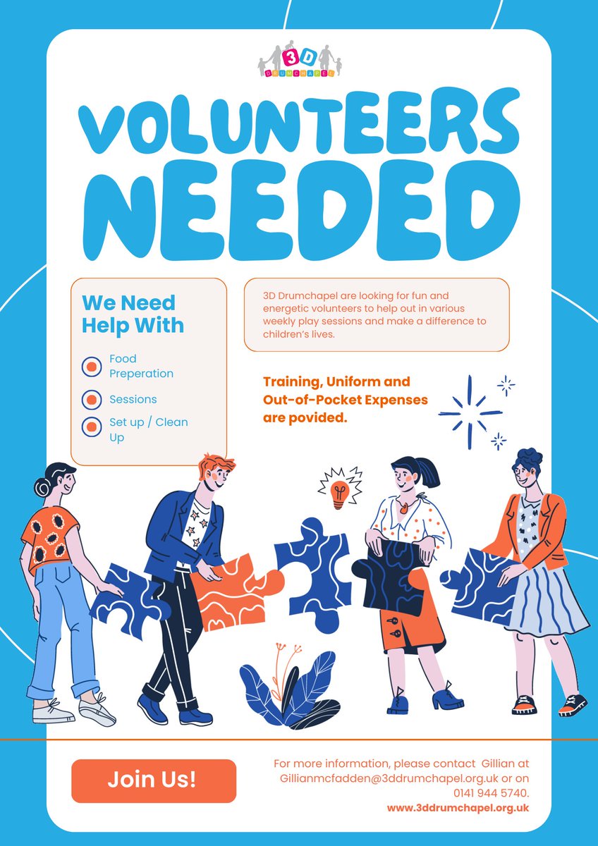 ⭐ We are looking to recruit volunteers to help with our Messy Play and Movin' &amp; Grovin' sessions ⭐

Movin' &amp; Grovin - Thursdays @ 12.30pm - 3.00pm
Messy Play - Fridays - Fridays @ 10.00am - 12.30pm

If you are interested in applying, please contact us on 0141 944 5740.