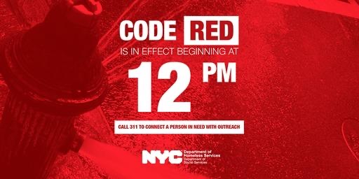 NYCDHS's tweet photo. NYC will experience extreme heat today. The Department of Homeless Services (DHS) has issued a #CodeRed Alert, initiating enhanced outreach efforts. During this time, Outreach teams will help DHS clients access cooling centers. Visit https://t.co/gu0XhQkVxK to find one near you. https://t.co/CvNgKNgxDv