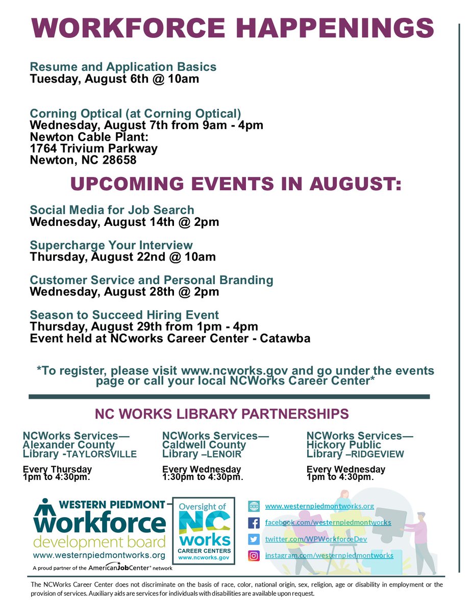 WPWorkforceDev's tweet photo. Check out what's happening at NCWorks this week and upcoming events for the month of August!
#NCWorks #westernpiedmontworks #jobs #employmentworkshops #VirtualWorkshops #recruitmentevent https://t.co/4JPkFyqsEs