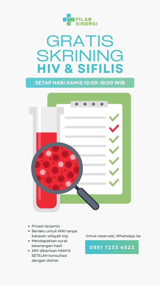 FilabSinergi's tweet photo. @IDNTimesLife Bagi yang di Tangerang Selatan (Bintaro dan sekitarnya), saat ini kami menyediakan layanan skrining HIV dan sifilis GRATIS bagi yang membutuhkan.

Mari deteksi dini sedini mungkin 🙏
#skrininghiv #teshiv https://t.co/8vbeXdjYeJ