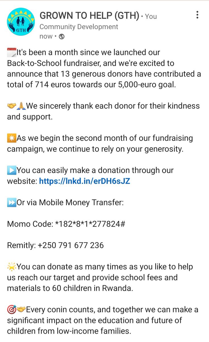HelpGth's tweet photo. 🤝🙏We sincerely thank each donor for their kindness and support.
#BackToSchool #Fundraiser #SupportEducation #DonateNow #EducationForAll #Charity #HelpRwanda #MakeADifference #SupportChildren #EveryCoinCounts https://t.co/jng3PwfQGA