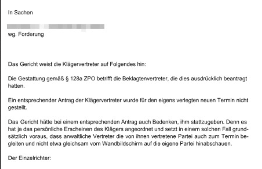 dr_boese's tweet photo. Mal wieder eine neue Variante des § #128a-Spielchens:

Gericht gestattet die Videoteilnahme nur den Anwälten einer Partei. https://t.co/xCvF7pine5