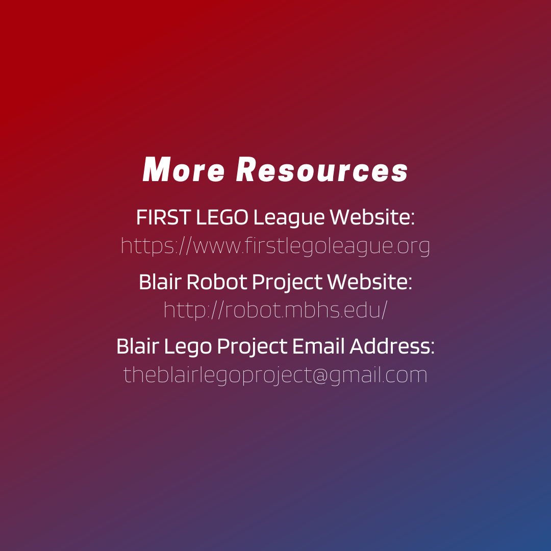 Blair Robot Project (@frcteam449) on Twitter photo So excited for another year with our FLL team 🥳 Application link: tinyurl.com/blairlegoproje…
Email us at theblairlegoproject@gmail.com with any questions! So excited for another year with our FLL team 🥳 Application link: tinyurl.com/blairlegoproje…
Email us at theblairlegoproject@gmail.com with any questions!