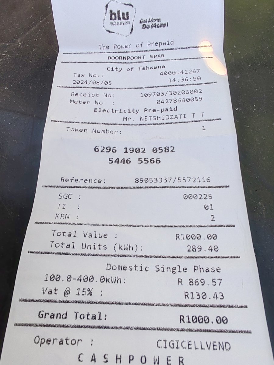 funanani's tweet photo. @CityTshwane so 1k gets us 289 units of electricity? Not even half? How much is @Eskom_SA selling you one unit kanti? https://t.co/W2GaUh3yFL