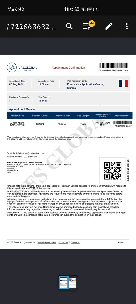 Ayan7816's tweet photo. @vfsglobalcare 
Hi this is ahmed.
I need help to reschedule my France biomatric appointment which is on 7 August 24 to 14 August I send pic to my application.
Thank you for your support. https://t.co/tLaUspnnHz