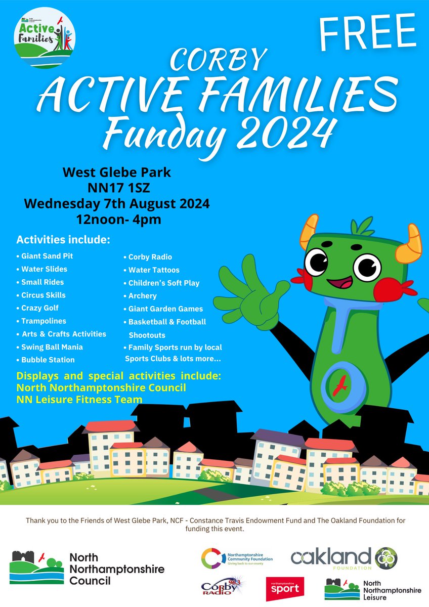This weeks Active Families funday is taking place on Wednesday 7th August in Corby at West Glebe Park, 12noon to 4pm. Please visit our website: northnorthants.gov.uk/holidayactivit… to learn more about these events.
<a href="/NNorthantsC/">North Northamptonshire Council</a> <a href="/PublicHealthNN/">Public Health North Northamptonshire</a> <a href="/NorthantsRadio/">Northants Radio</a> <a href="/Corby__TC/">Corby Town Council</a>