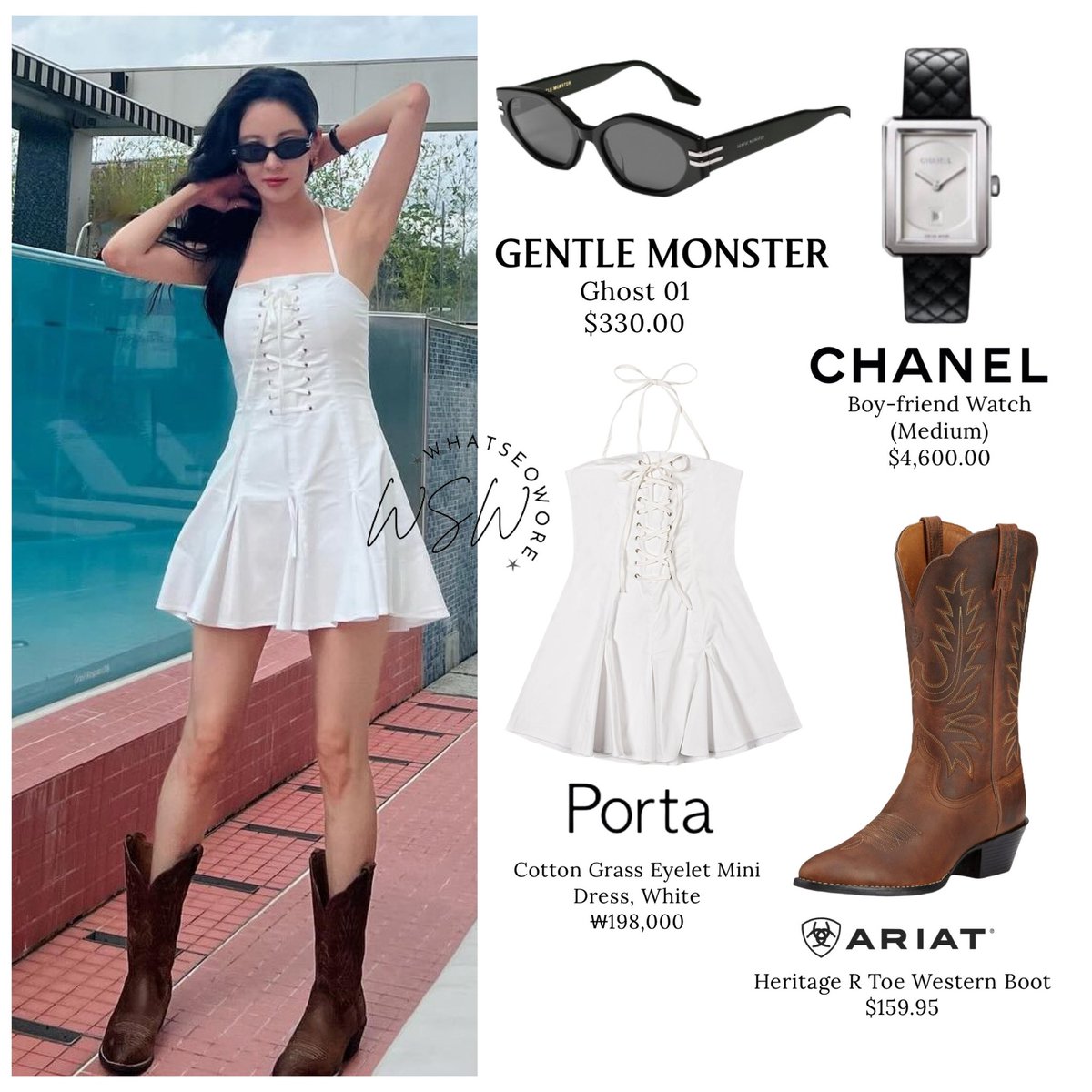 whatseowore's tweet photo. • Gentle Monster Ghost 01, $330.00.

• Chanel Boy-friend Watch
(Medium), $4,600.00.

• Porta Cotton Grass Eyelet Mini Dress, White, ₩198,000.

• Ariat Heritage R Toe Western Boot, $159.95.

(Seohyun’s Instagram Post  240802) 
#whatseowore #seohyun #서현 https://t.co/qh9HEkKJYC