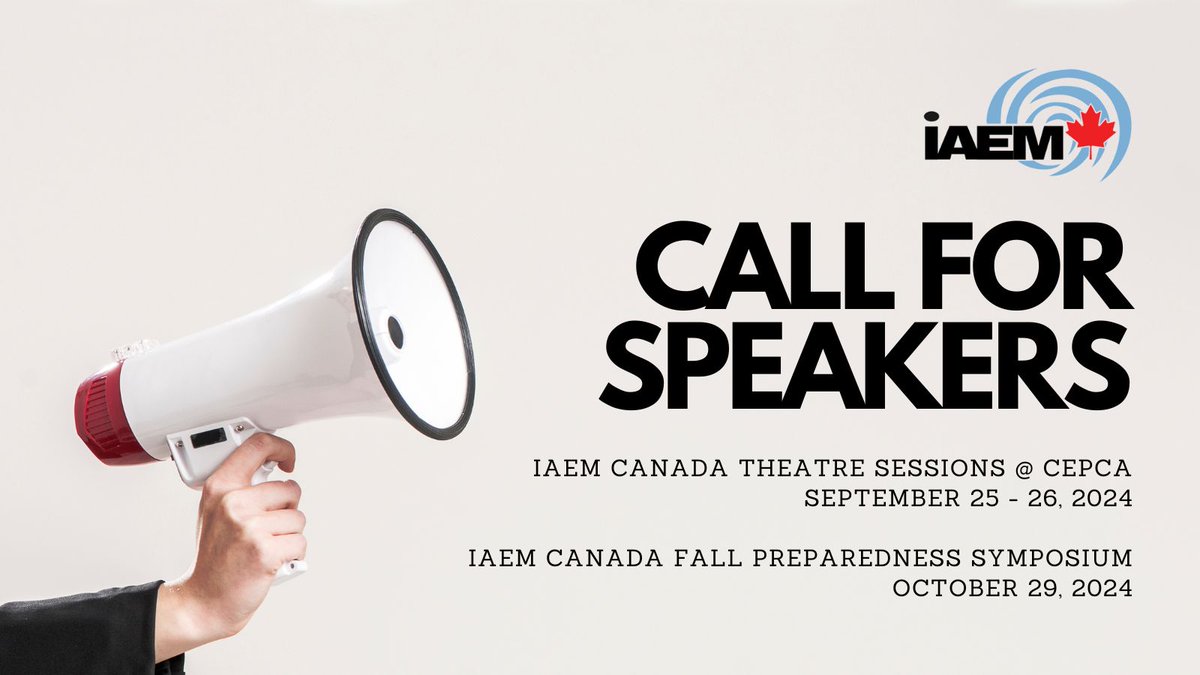 IAEMCdnCouncil's tweet image. 🎤 CALL FOR SPEAKERS 🌟 We are excited to announce  upcoming speaker opportunities for emergency management professionals to share their knowledge:

📝 Interested? Please email your interest to CanadaPresident@iaem.com.

#IAEMCanada #CEPCA2024 #IAEMCAN24

More Event Info 👇