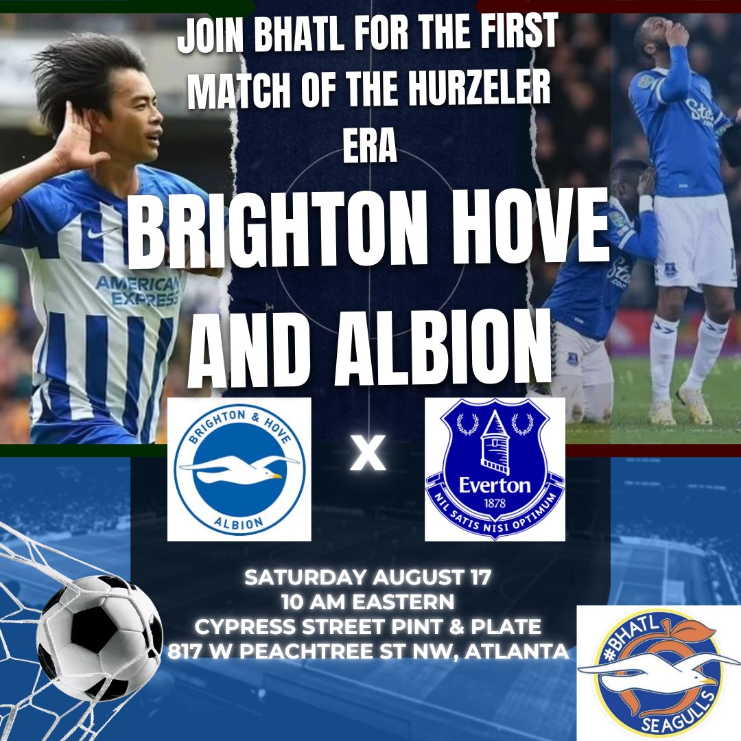 Atlanta Seagulls! Join us for the first match of the season and the first match of the Hurzeler era! Great food, great drinks, and a great time! 
<a href="/bhafcstateside/">Stateside Seagulls</a> <a href="/PLinUSA/">Premier League USA</a> <a href="/CypressStreet/">Cypress Street</a> <a href="/OfficialBHAFC/">Brighton & Hove Albion</a>