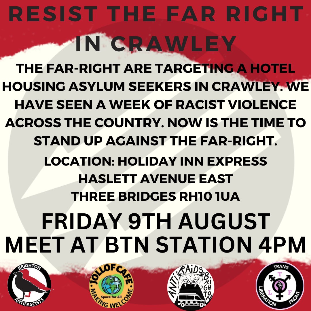 BrightonAntifascists (@brightonanti) on Twitter photo Fascists have called a demo outside a hostel housing migrants in Crawley this Friday. Brighton says: FUCK OFF!
Join us in opposing fascists and protecting migrants. ♥️
<a href="/LeftinBrighton/">B&H Migrant & Refugee Solidarity & Support News</a>
<a href="/antiraidsBTN/">Anti Raids Brighton</a>
<a href="/BrightonKurdSol/">Brighton Kurdistan Solidarity</a>
<a href="/reclaimpridebtn/">Reclaim Pride Brighton</a> Fascists have called a demo outside a hostel housing migrants in Crawley this Friday. Brighton says: FUCK OFF!
Join us in opposing fascists and protecting migrants. ♥️
<a href="/LeftinBrighton/">B&H Migrant & Refugee Solidarity & Support News</a>
<a href="/antiraidsBTN/">Anti Raids Brighton</a>
<a href="/BrightonKurdSol/">Brighton Kurdistan Solidarity</a>
<a href="/reclaimpridebtn/">Reclaim Pride Brighton</a>