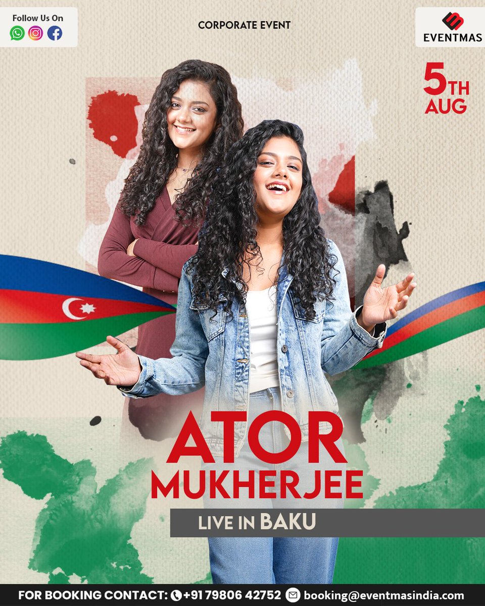 EventmasIndia's tweet photo. Event Update :

Get your dancing shoes on, Baku! Ator Mukherjee  is ready to light up the stage with her live performance tonight!
.
.
#Eventmas #AtorMukherjee #Live
#EventmasExclusive #TeamEventmas #WeCreateYouCelebrate https://t.co/tA49AoJHfR