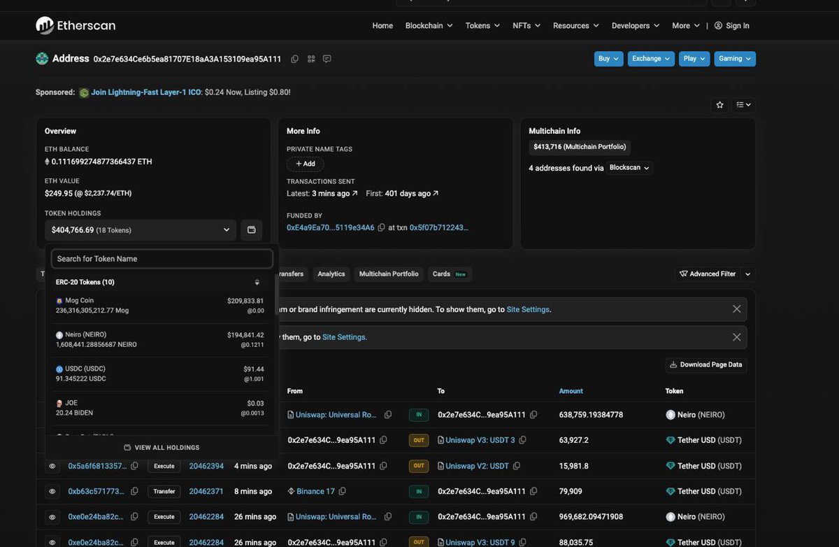 All memes down bad except for $NEIRO on $ETH holding up above support

Check this wallet bidding $100K + 

Follow the numbers bruh

IYKYK 

etherscan.io/address/0x2e7e…
