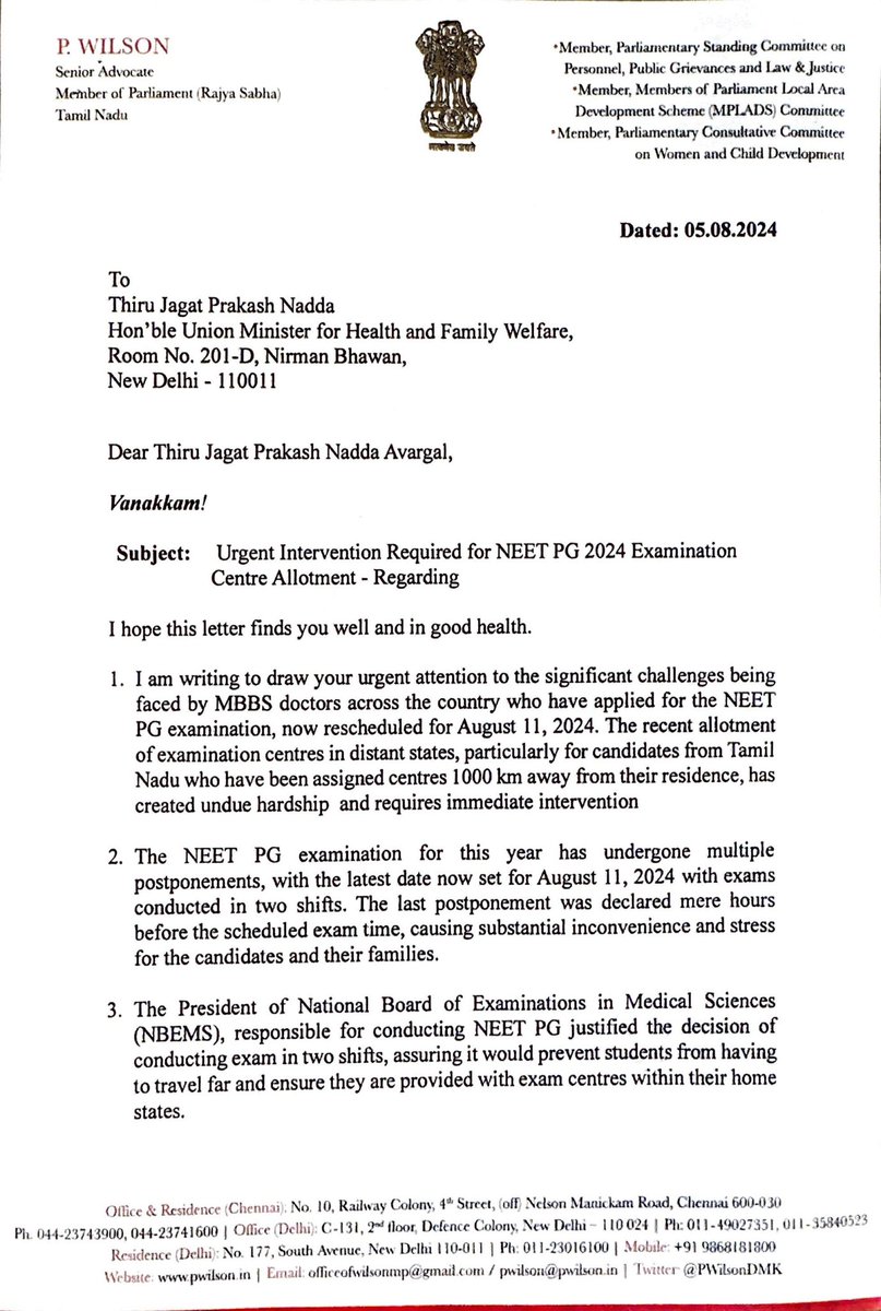 PWilsonDMK's tweet photo. Today I met Hon’ble Union Minister for Health and Family welfare @JPNadda and gave a representation seeking to take note of the  challenges being faced by MBBS doctors across the country who have applied for the NEET PG examination, now rescheduled for August 11, 2024. The recent allotment of examination centres in distant states, particularly for candidates from Tamil Nadu who have been assigned centres 1000 km away from their residence, has created undue hardship and requires immediate intervention and requested that examination centres be re-allotted within the districts or, at the very least, within the state of the respective students. This will help alleviate the difficulties faced by the candidates and address the safety concerns associated with conducting exams in two shifts.
Hon’ble Minister informed me that he will consider the request.
@mkstalin @Udhaystalin @arivalayam @DMKITwing @dmk_youthwing @aifsoj 
#NEETPG  #NEETPG2024