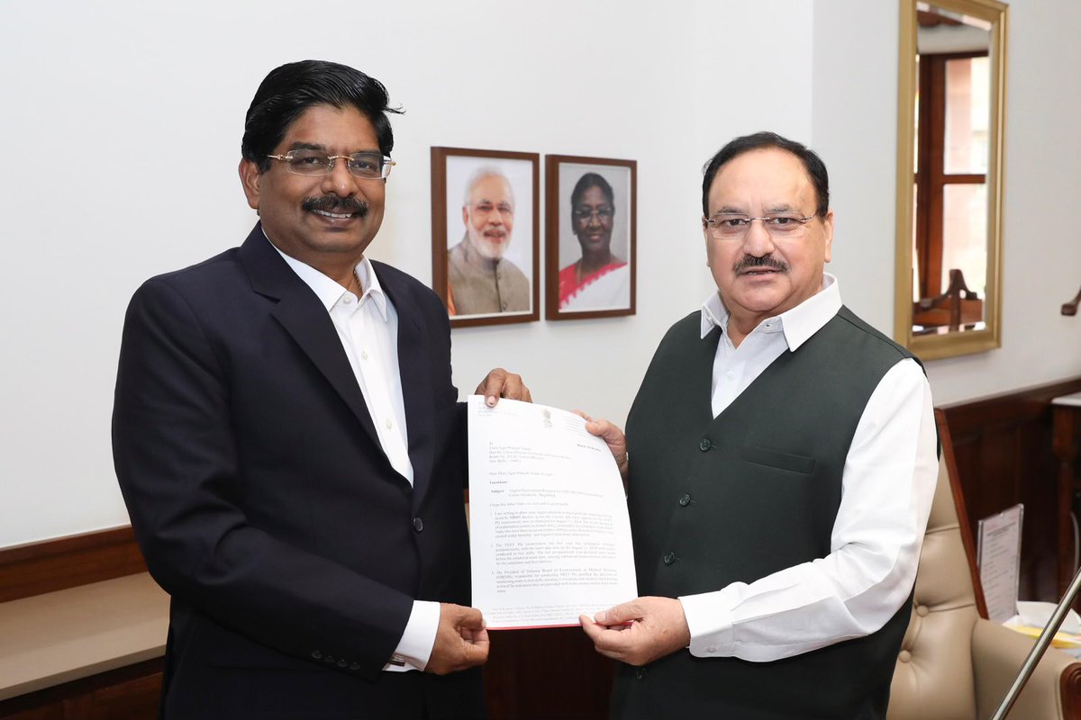 PWilsonDMK's tweet photo. Today I met Hon’ble Union Minister for Health and Family welfare @JPNadda and gave a representation seeking to take note of the  challenges being faced by MBBS doctors across the country who have applied for the NEET PG examination, now rescheduled for August 11, 2024. The recent allotment of examination centres in distant states, particularly for candidates from Tamil Nadu who have been assigned centres 1000 km away from their residence, has created undue hardship and requires immediate intervention and requested that examination centres be re-allotted within the districts or, at the very least, within the state of the respective students. This will help alleviate the difficulties faced by the candidates and address the safety concerns associated with conducting exams in two shifts.
Hon’ble Minister informed me that he will consider the request.
@mkstalin @Udhaystalin @arivalayam @DMKITwing @dmk_youthwing @aifsoj 
#NEETPG  #NEETPG2024