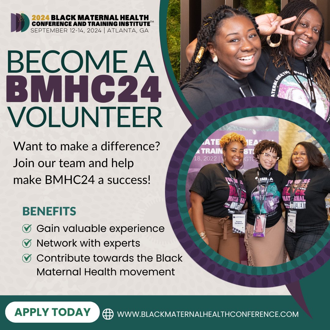 The #BMHC24 volunteer interest form is officially live! Become part of the movement! Visit blackmaternalhealthconference.com to apply today.
 
#VolunteersNeeded #BlackMaternalHealth #BlackMamasMatter #BlackMaternalHealthConference #ReproJustice #BirthJustice #BirthEquity #ReproRights