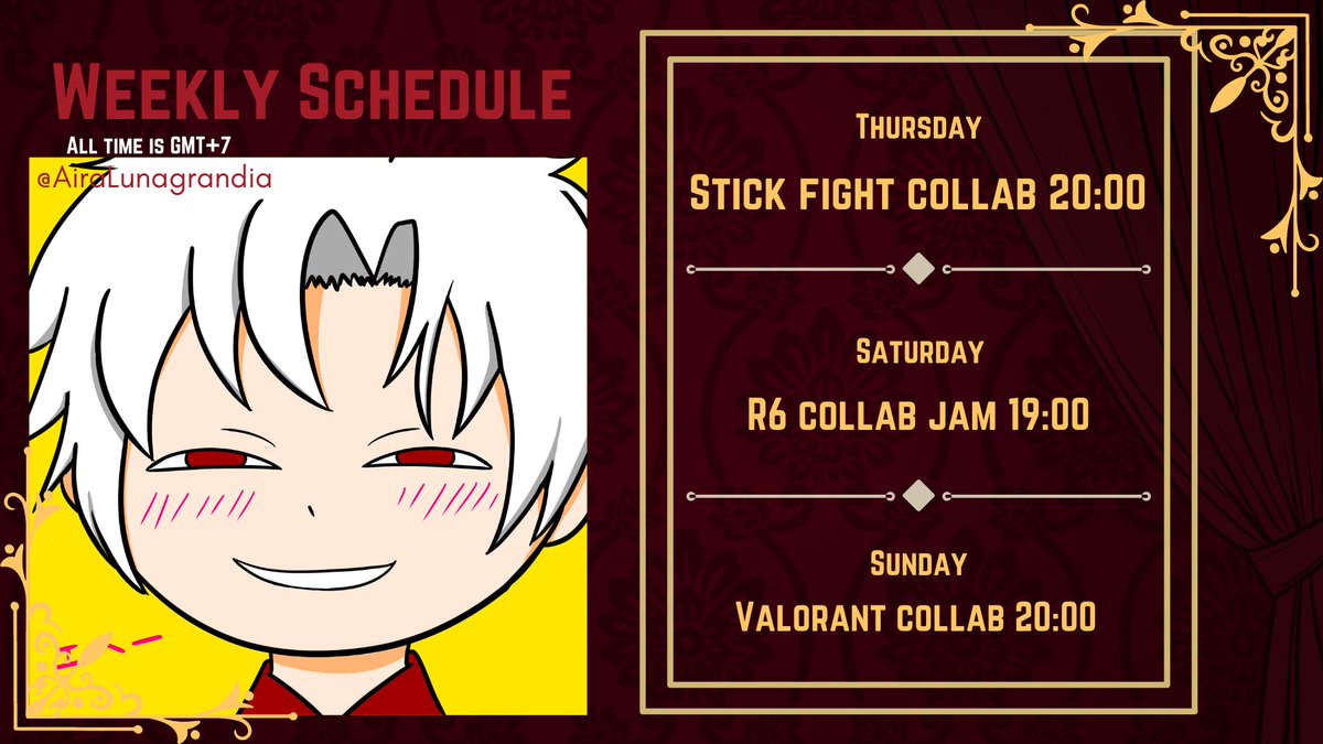 Minoguchi_R's tweet photo. Schedule 5 Aug - 11 Aug  

Hashtags : General - #JustRomulus
Update - #WhatsGuchi
Stream - #Romulive
Meme - #Minomeme
Highlights - #Rollmulus
Mature - #Minomulus
Fanart - #Snekart / #RomguchiART
Music/Cover - #MiSing
Fan name - #Romers https://t.co/1H2HQtxC2L