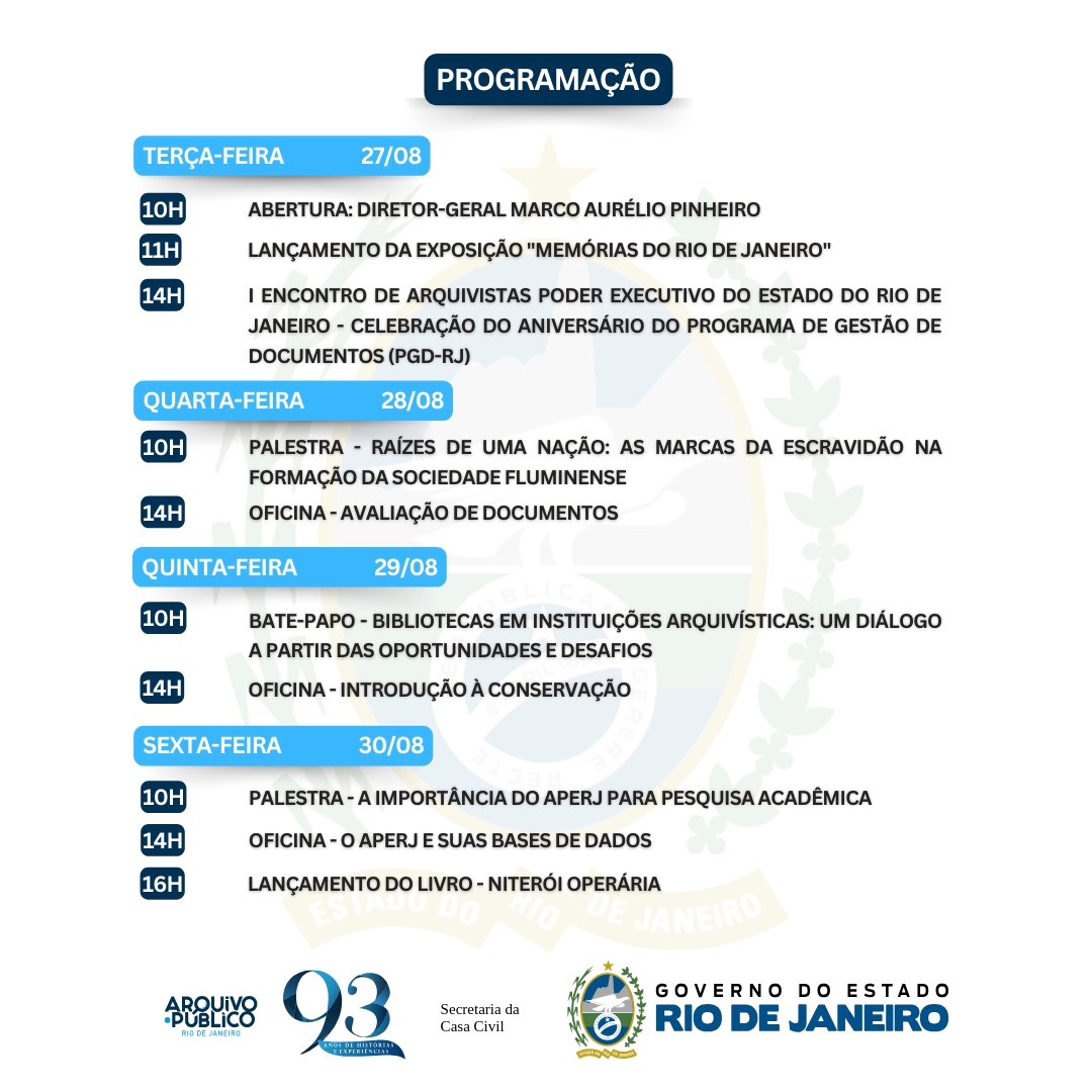O Arquivo Público do Estado do Rio de Janeiro celebra 93 anos em agosto com uma programação especial aberta a todos. 

Confira a programação e inscreva-se no site a seguir. Participe dessa comemoração! ✨️

93aperj.com