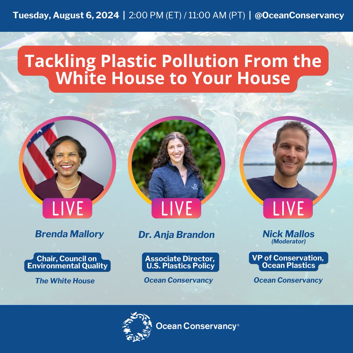 We're off to the @whitehouse for an Instagram Live with <a href="/BrendaMallory46/">Brenda Mallory</a> + @WHCEQ! We'll discuss:

🥤The plastic pollution crisis
❎Federal actions to phase out single-use plastics
🌊What <a href="/OurOcean/">Ocean Conservancy</a> is doing
📱How YOU can get involved

Sea you there! ⏰
🔗 instagram.com/oceanconservan…