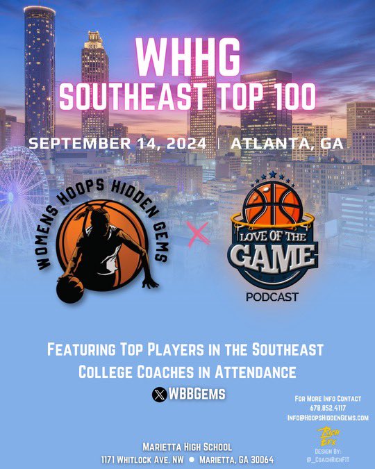 The Southeast Top 100 Camp will be held on 9/14 featuring top players in the 25-28 classes from across the country.  

🏀 Media Coverage 
🏀 College coaches 
🏀 Evaluators
🏀 Livestream

📍Marietta, GA.

#TalentXExposure
#WHHGTop100📈

Registration
tinyurl.com/mte2839r