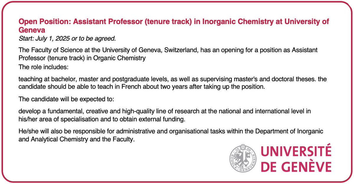 Job Offer: Assistant Professor (tenure track) in Inorganic Chemistry at University of Geneva <a href="/UNIGEnews/">Université de Genève</a> 
Starting date: July 1, 2025 or upon mutual agreement
More info: scg.ch/scg-news/news-…
#scs #unige #job #inorganic #professor #Switzerland