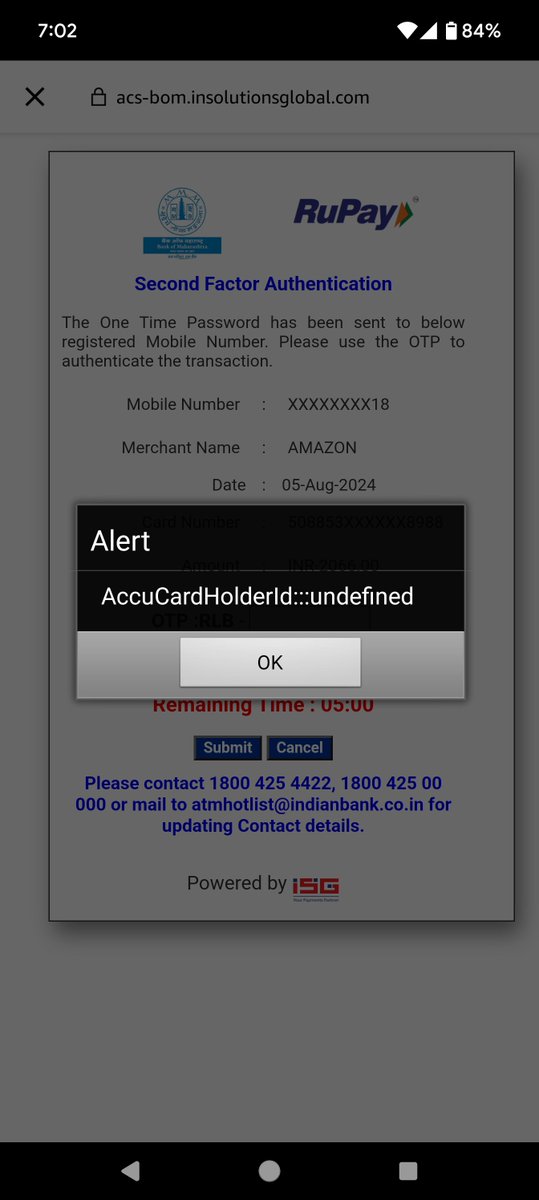 OptimumDetailer's tweet photo. @AmazonHelp @amazonIN ~ What is this alert message that I'm getting?

Did not get any alerts in the past while making a payment with our Bank of Maharashtra debit card.

Is it safe to proceed for the payment by clicking -"OK".?

Kindly inform &amp; update. https://t.co/ri9tsBmvio