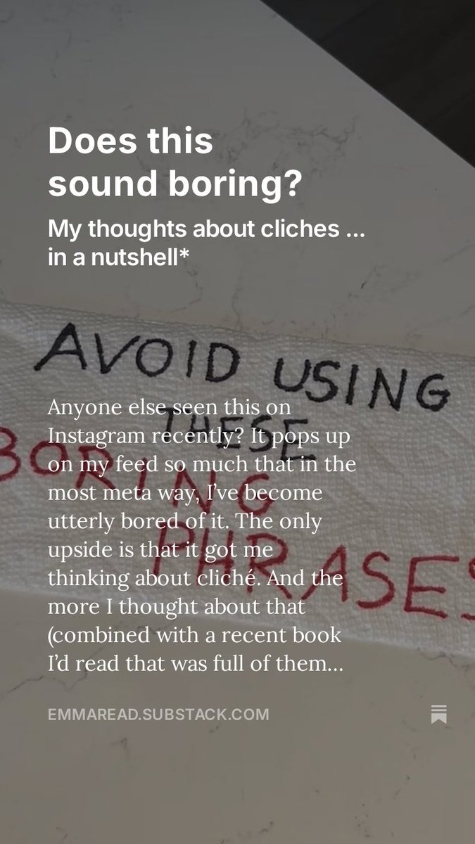 em_editorial's tweet photo. New Substack post ... do you find cliches slipping into your narrative? https://t.co/hY5FgRggOy