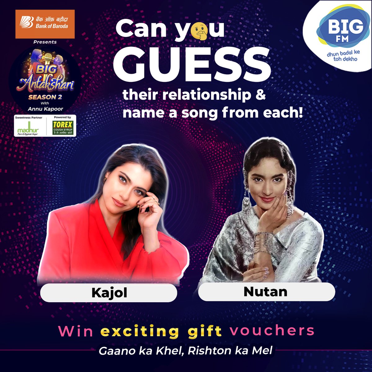 bigfmindia's tweet photo. 🎉 #ContestAlert - Guess the Song Challenge! 🎉

To Participate:
🎵 Comment below with your answer

🎁 Gift Vouchers for lucky winners | Winners to be announced on 20th August 🎁

Presented By: @bankofbaroda
Sweetness Partner: Madhur Refined Sugar
Powered By: @TorexSyrup

#BIGFM https://t.co/DHaepdVMef