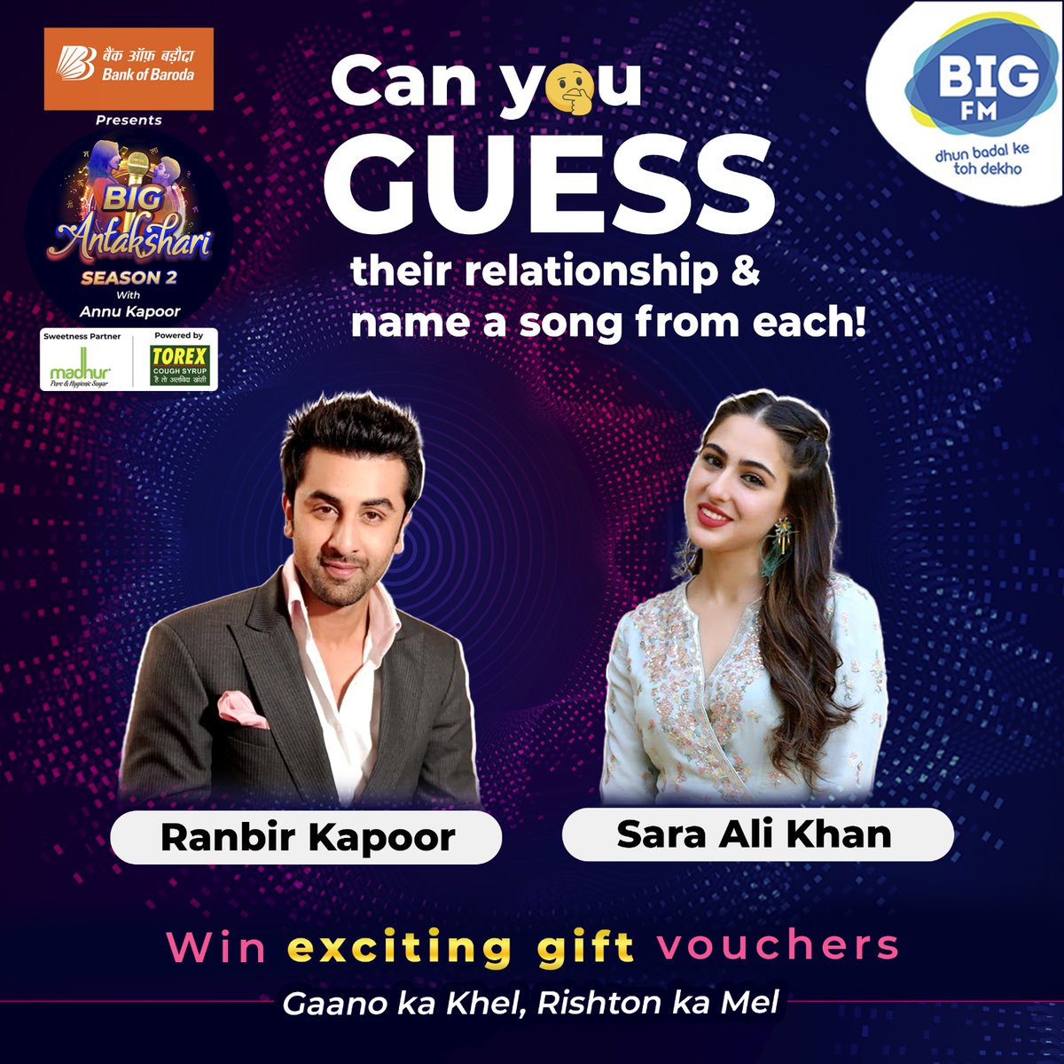 bigfmindia's tweet photo. 🎉 #ContestAlert - Guess the Song Challenge! 🎉

To Participate:
🎵 Comment below with your answer

🎁 Gift Vouchers for lucky winners | Winners to be announced on 20th August 🎁

Presented By: @bankofbaroda
Sweetness Partner: Madhur Refined Sugar
Powered By: @TorexSyrup

#BIGFM https://t.co/DHaepdVMef