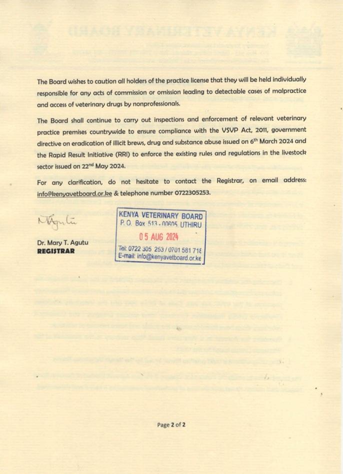 VetBoardKE's tweet photo. #upholdingveterinarystandards
PUBLIC NOTICE!
Anyone who purports to practice Veterinary Medicine in Kenya without the approval of the Kenya Veterinary Board (KVB) shall be held to account pursuant to the Provisions of the VSVP Act 2011 and its attendant Regulations. https://t.co/zrK4H5NVmU