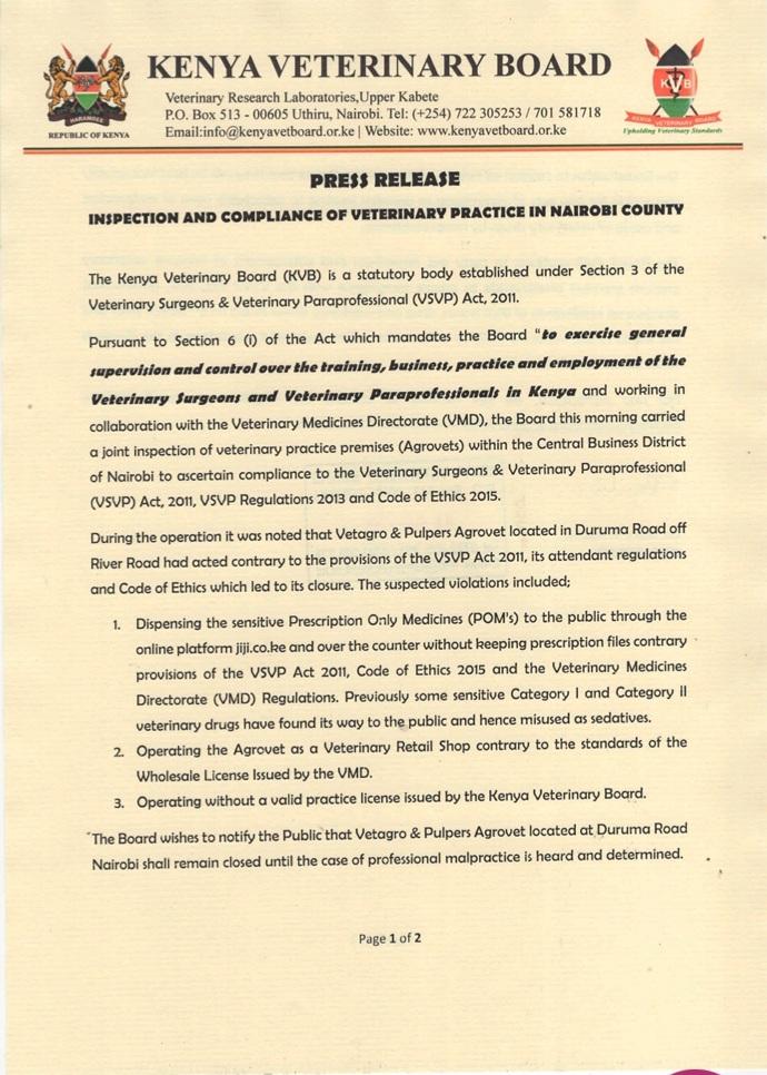 VetBoardKE's tweet photo. #upholdingveterinarystandards
PUBLIC NOTICE!
Anyone who purports to practice Veterinary Medicine in Kenya without the approval of the Kenya Veterinary Board (KVB) shall be held to account pursuant to the Provisions of the VSVP Act 2011 and its attendant Regulations. https://t.co/zrK4H5NVmU
