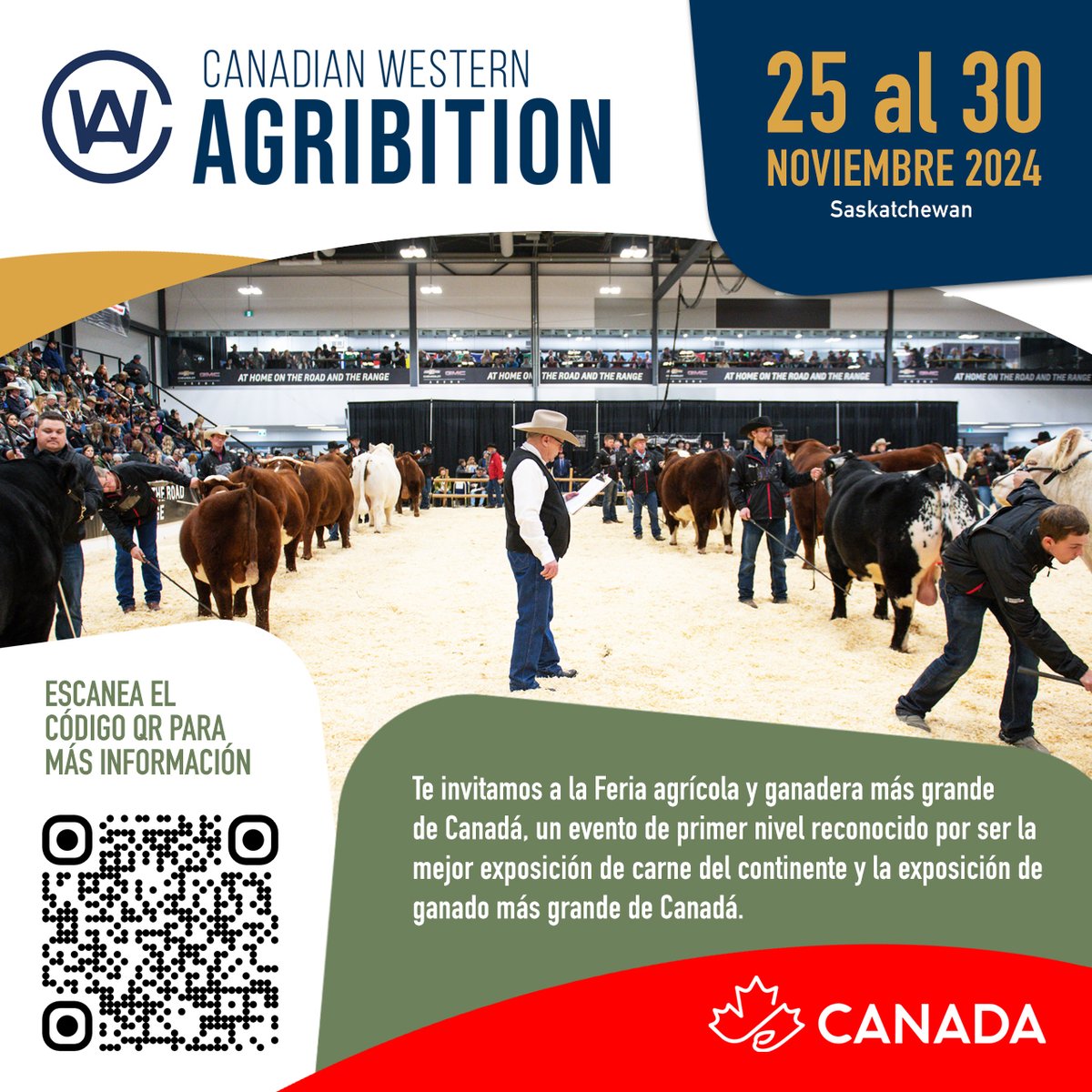 Canadian Western Agribition y #AgroCanadaMex invitan al sector ganadero a registrarse en su programa internacional, que les permitirá un acceso inigualable al mejor ganado en pie, la mejor genética en Norteamérica y mucha diversión.
¡Los esperamos en Regina, Saskatchewan, Canadá!