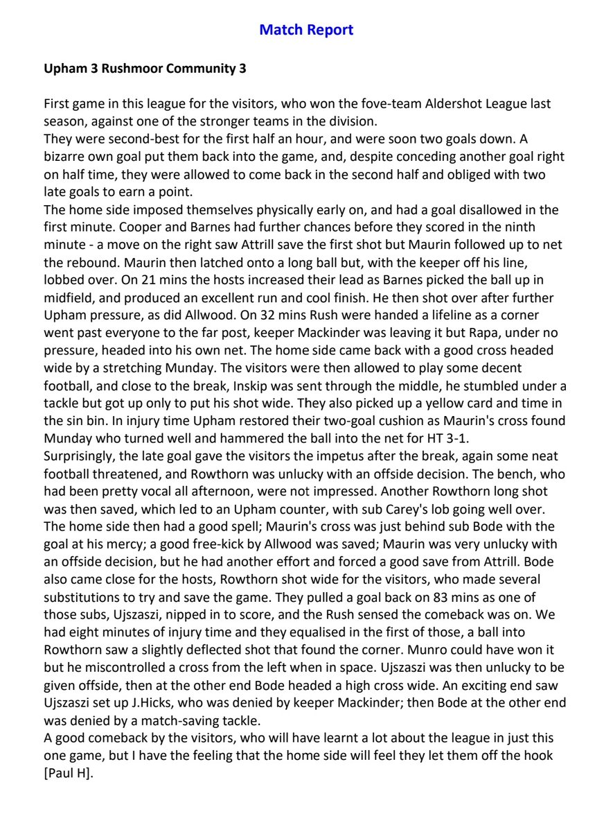 Match Report from Saturdays match.

Up the Rush 🟡🔵

<a href="/HantsLeague/">uhlsport Hampshire Premier League</a>