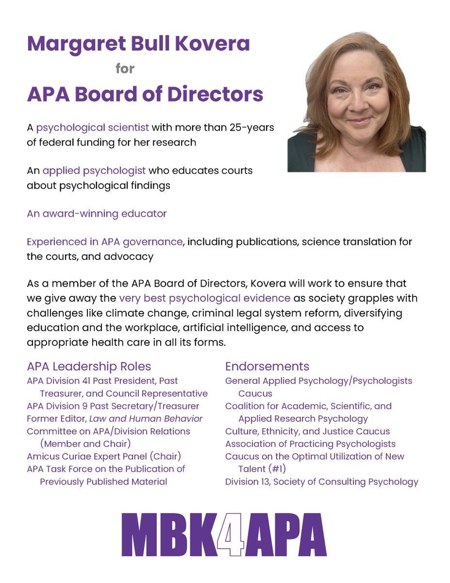 Margaret Bull Kovera (@margaretkovera) on Twitter photo Headed to the <a href="/APA/">American Psychological Association</a> convention to meet with my fellow APA Council Representatives to make APA policy. Starting tomorrow morning, I will be live tweeting about our work. In the meantime, please consider voting for me for the <a href="/APA/">American Psychological Association</a> Board of Directors. Voting is happening now! Headed to the <a href="/APA/">American Psychological Association</a> convention to meet with my fellow APA Council Representatives to make APA policy. Starting tomorrow morning, I will be live tweeting about our work. In the meantime, please consider voting for me for the <a href="/APA/">American Psychological Association</a> Board of Directors. Voting is happening now!