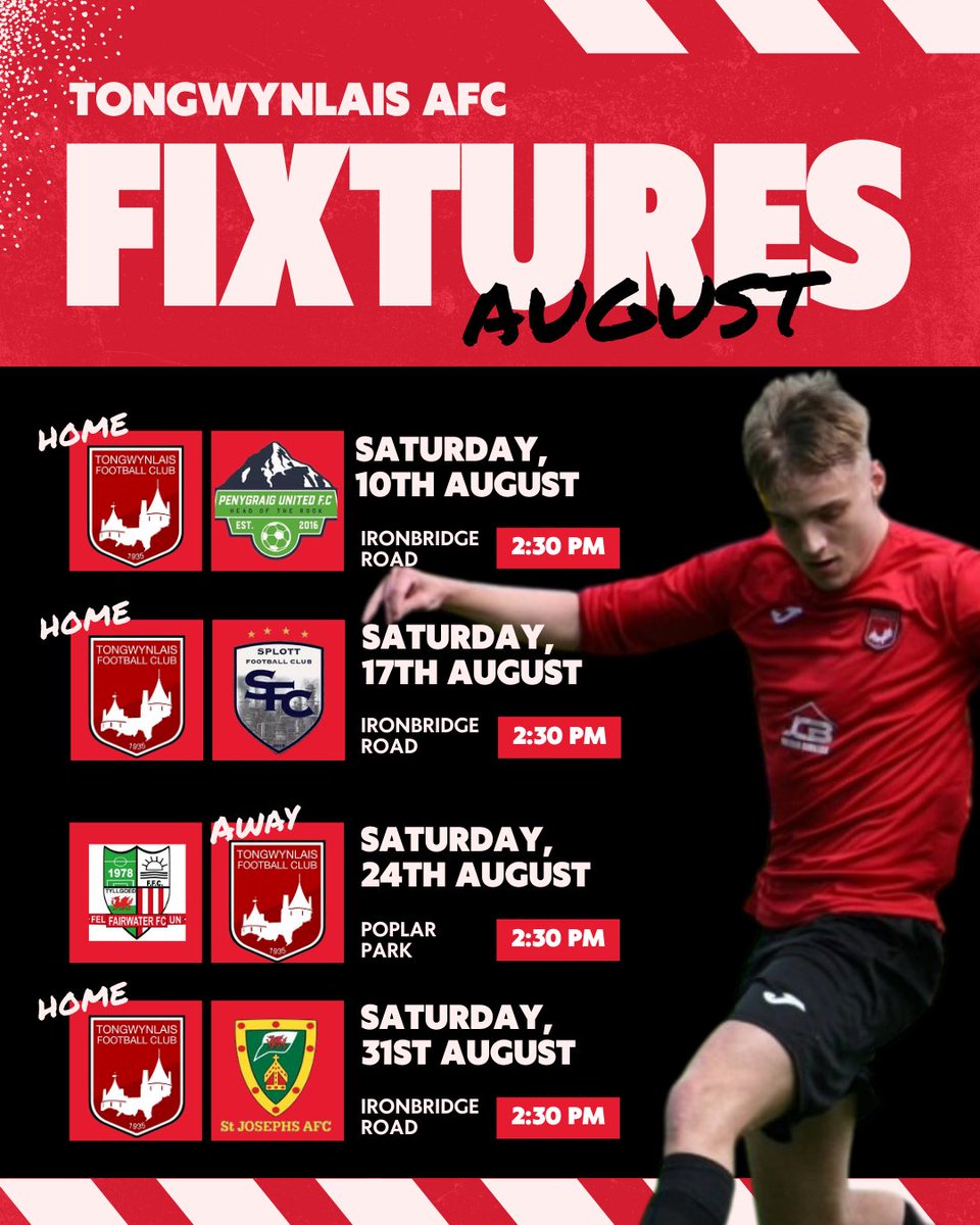 Tongwynlais Football Club (@tongwynlaisfc) on Twitter photo ๐ดโซ๏ธ August Fixtures๐ดโซ๏ธ
We start the <a href="/SWPLInfo/">South Wales Premier League Info</a> Div 1 East campaign with a month of fixtures in Cardiff.
Four huge matches to look forward to, including three home games and a trip across the capital to Poplar Park
<a href="/PenygraigUnited/">Penygraig United</a> <a href="/SplottFC_/">Splott Football Club</a> <a href="/St_JosephsAFC/">St Joseph's AFC</a> <a href="/WaterFC/">Fairwater FC</a>
#UppaTon ๐ดโซ๏ธ August Fixtures๐ดโซ๏ธ
We start the <a href="/SWPLInfo/">South Wales Premier League Info</a> Div 1 East campaign with a month of fixtures in Cardiff.
Four huge matches to look forward to, including three home games and a trip across the capital to Poplar Park
<a href="/PenygraigUnited/">Penygraig United</a> <a href="/SplottFC_/">Splott Football Club</a> <a href="/St_JosephsAFC/">St Joseph's AFC</a> <a href="/WaterFC/">Fairwater FC</a>
#UppaTon