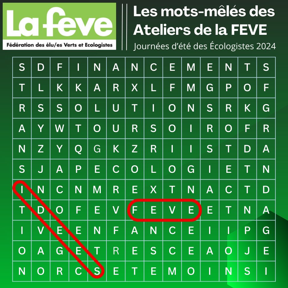 Pourrais-tu identifier dix mots qui correspondent au contenu des quatre ateliers que la FEVE organise du 22 au 24 août dans le cadre des Journées d'été des Écologistes à Tours? La réponse demain...
#JDE2024 #laFEVE