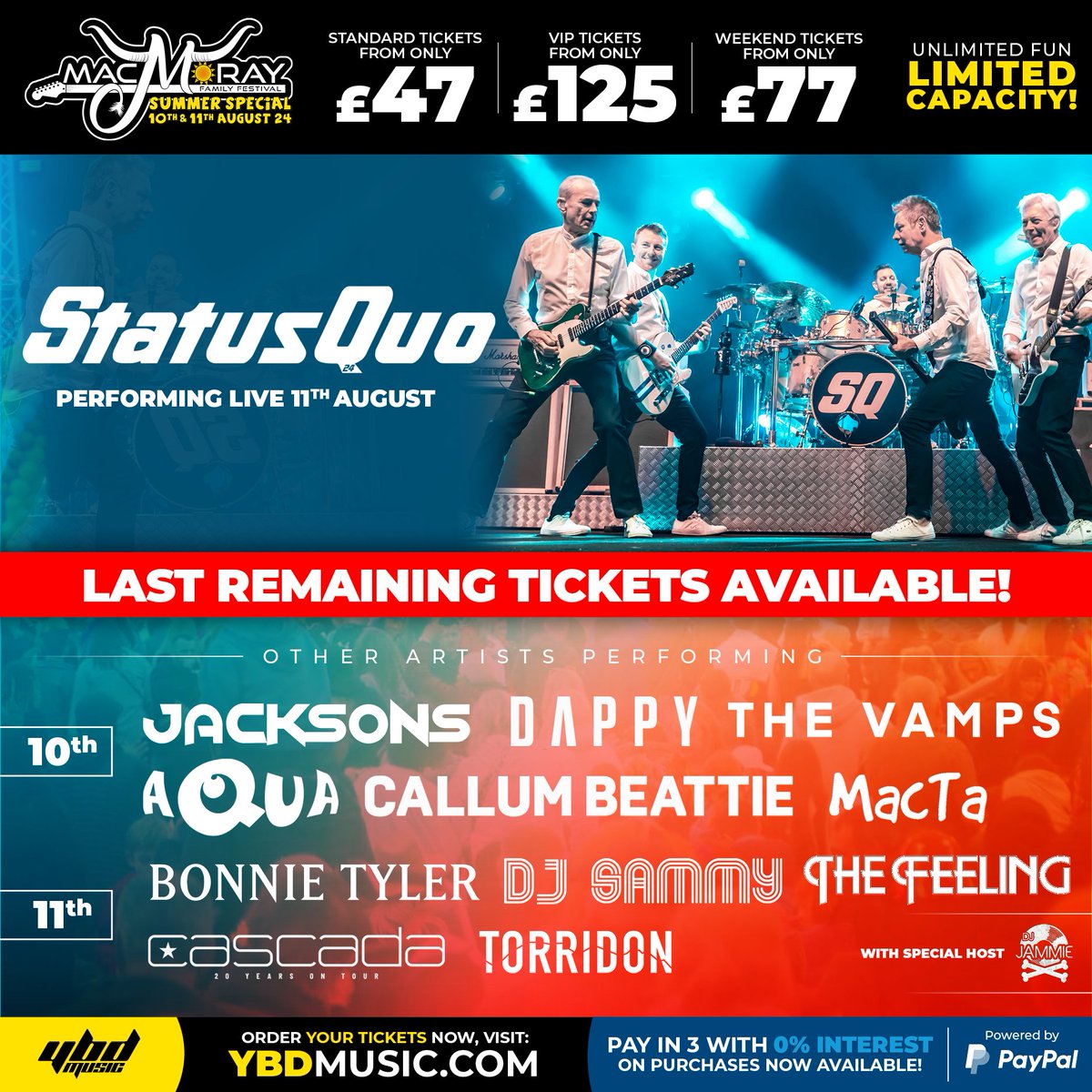 Our first show back in the UK is the MacMoray Festival, Cooper Park, Elgin, Scotland on August 11th.

They are down to their last remaining tickets.

See you soon! Tickets: statusquo.co.uk/tour

#statusquo #tour #SQ24 #MacMorayFestival #scotland