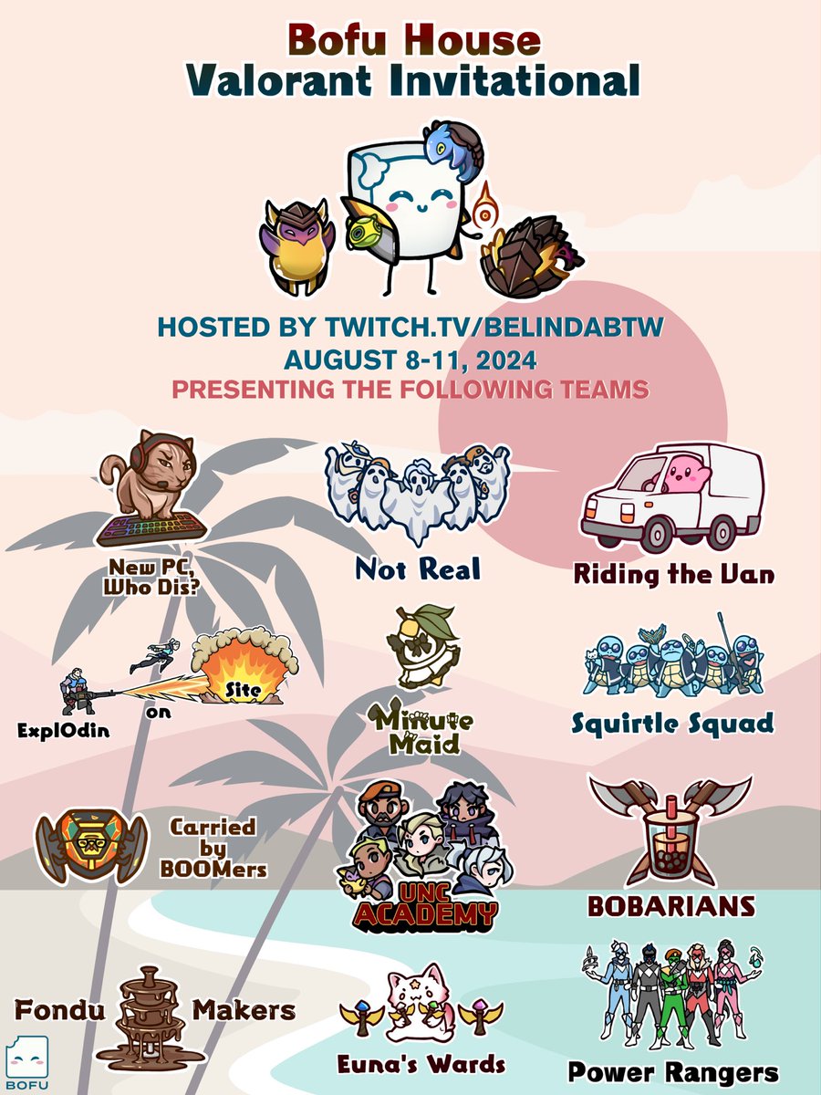My first ever community Valorant tournament starts this Thursday!! Check out all the teams and their custom made logo designed by <a href="/quacaketm/">olivia</a> 💕

Tune in this Thursday to catch all the action! 🥳