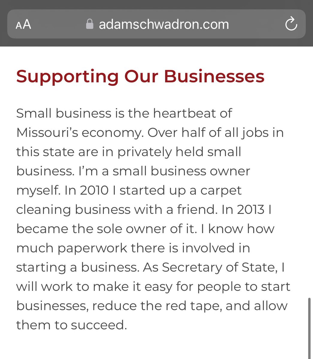 AJSchwadron's tweet image. I don’t recall seeing you speak at any GOP events. Had you shown up, you would have heard about how I plan on working with the business community, cutting red tape, and have the legislature review the rules created by unelected bureaucrats.
#MoSos
#MoLeg