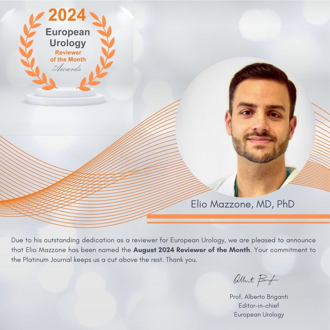 Congratulations to our August 2024 Reviewer of the Month, <a href="/elio_mazzone/">Elio Mazzone</a>!  Thank you for your continued support to European Urology  #ROTM #reviewerofthemonth #UroSoMe #Medtwitter