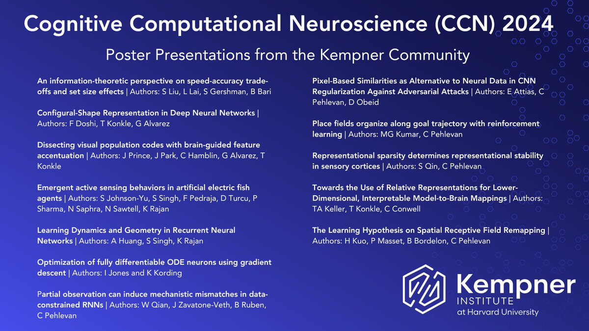 Kempner Institute at Harvard University (@kempnerinst) on Twitter photo Be sure to check out the #KempnerInstitute posters this week at #CCN2024!
<a href="/sonjajohnsonyu/">Sonja Johnson-Yu</a> <a href="/tweetsatpreet/">Satpreet Singh</a> <a href="/nsaphra/">Naomi Saphra hiring PhD students ๐ง๐ชฐ</a> <a href="/KanakaRajanPhD/">Kanaka Rajan</a> <a href="/CPehlevan/">Cengiz Pehlevan</a> <a href="/AnnHuang42/">Ann_Huang</a> <a href="/IlennaJ/">Ilenna Jones, PhD @ ilennaj.bsky.social</a> <a href="/_jacobprince_/">Jacob Prince</a> <a href="/talia_konkle/">talia konkle</a> <a href="/grez72/">George Alvarez</a> <a href="/fenildoshi009/">Fenil Doshi</a> @Ganeshk92 <a href="/blake__bordelon/">Blake Bordelon โ๏ธ๐งช๐จโ๐ป</a> <a href="/t_andy_keller/">Andy Keller</a> <a href="/liu_shuze/">Shuze Liu</a> <a href="/gershbrain/">Sam Gershman</a> Be sure to check out the #KempnerInstitute posters this week at #CCN2024!
<a href="/sonjajohnsonyu/">Sonja Johnson-Yu</a> <a href="/tweetsatpreet/">Satpreet Singh</a> <a href="/nsaphra/">Naomi Saphra hiring PhD students ๐ง๐ชฐ</a> <a href="/KanakaRajanPhD/">Kanaka Rajan</a> <a href="/CPehlevan/">Cengiz Pehlevan</a> <a href="/AnnHuang42/">Ann_Huang</a> <a href="/IlennaJ/">Ilenna Jones, PhD @ ilennaj.bsky.social</a> <a href="/_jacobprince_/">Jacob Prince</a> <a href="/talia_konkle/">talia konkle</a> <a href="/grez72/">George Alvarez</a> <a href="/fenildoshi009/">Fenil Doshi</a> @Ganeshk92 <a href="/blake__bordelon/">Blake Bordelon โ๏ธ๐งช๐จโ๐ป</a> <a href="/t_andy_keller/">Andy Keller</a> <a href="/liu_shuze/">Shuze Liu</a> <a href="/gershbrain/">Sam Gershman</a>