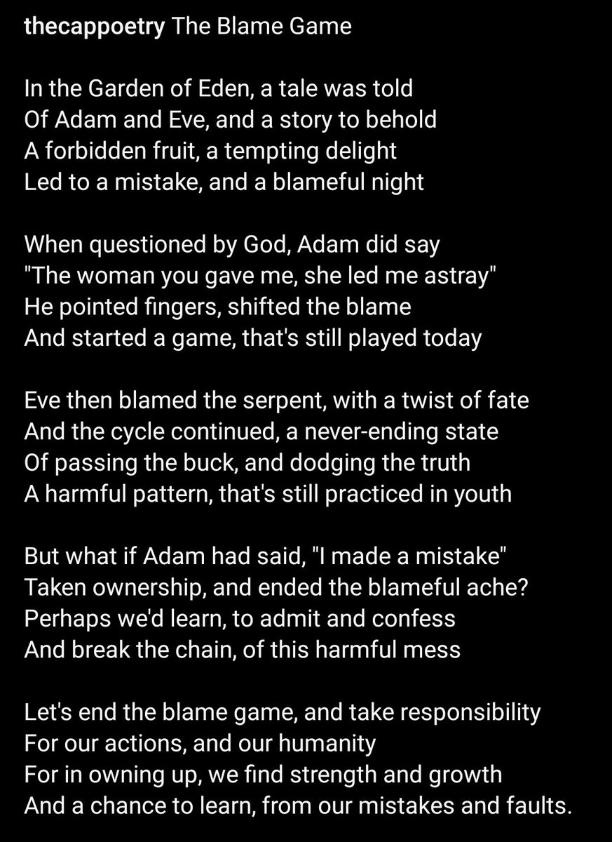 CapPoetry's tweet photo. The Blame Game

#tcpoetry #TheBlameGame #Accountability https://t.co/PYFovAdVVC