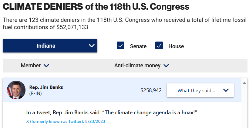 McCray4USSenate's tweet photo. Hey Indiana - in case you didn't know, Jim Banks thinks climate change is a hoax. 
I think we should listen to the experts and start investing in green energy production, just transitions for union jobs, and do what we can to fight climate change.
Vote our future in November. https://t.co/mJm3bBn7GV