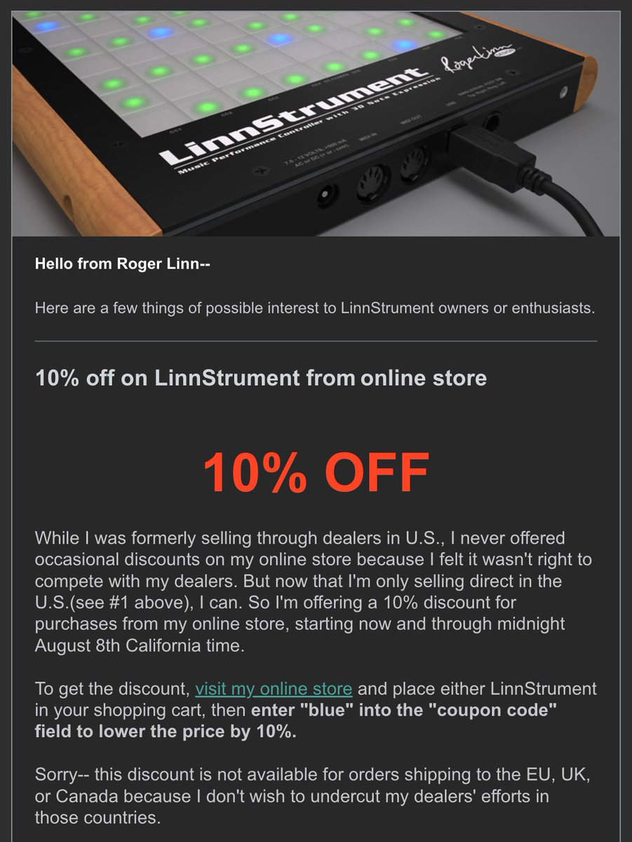 gbevin's tweet photo. Last few days to get a new LinnStrument for 10% off from Roger's store: https://t.co/191kxgwJsu
#linnstrument #mpe #expressive #midi https://t.co/DJttMMwWJR
