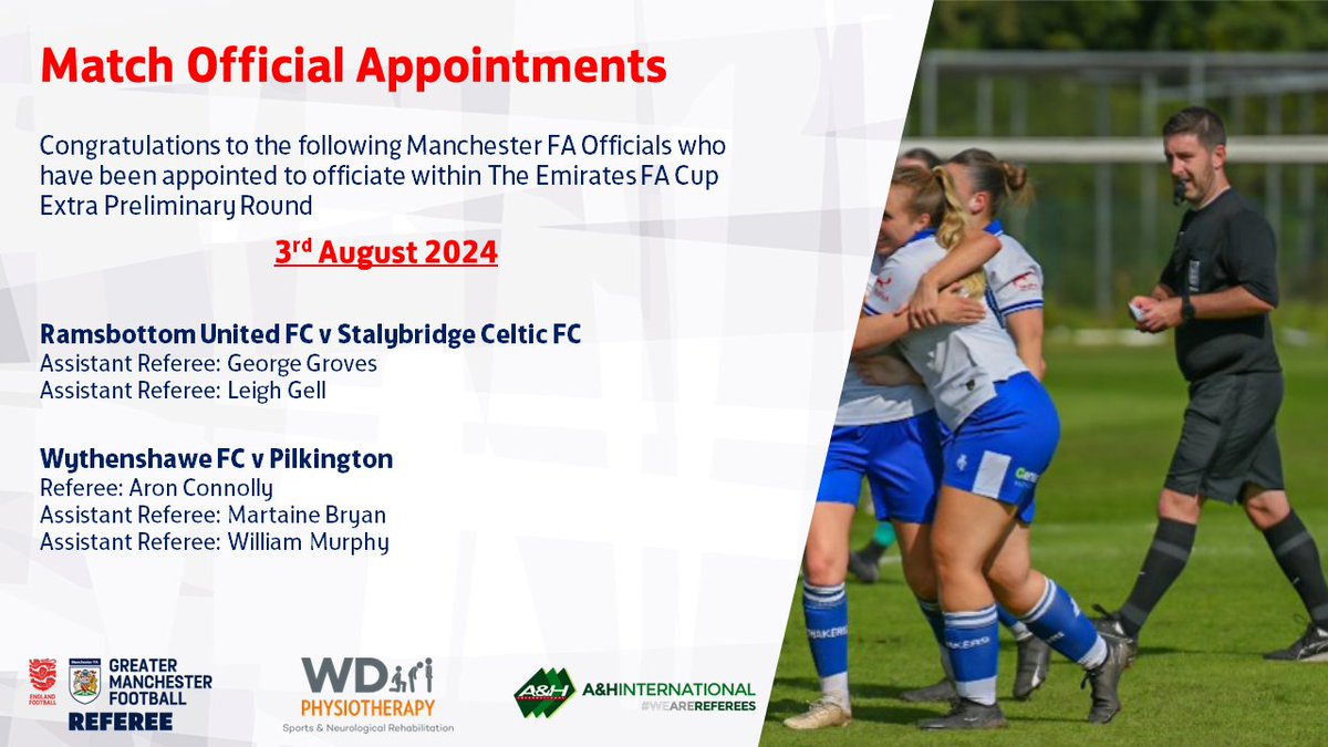 REFEREE APPOINTMENTS | ⚽️

Congratulations to the following Manchester FA Match Officials who have been appointed to prestigious FA Competitions.