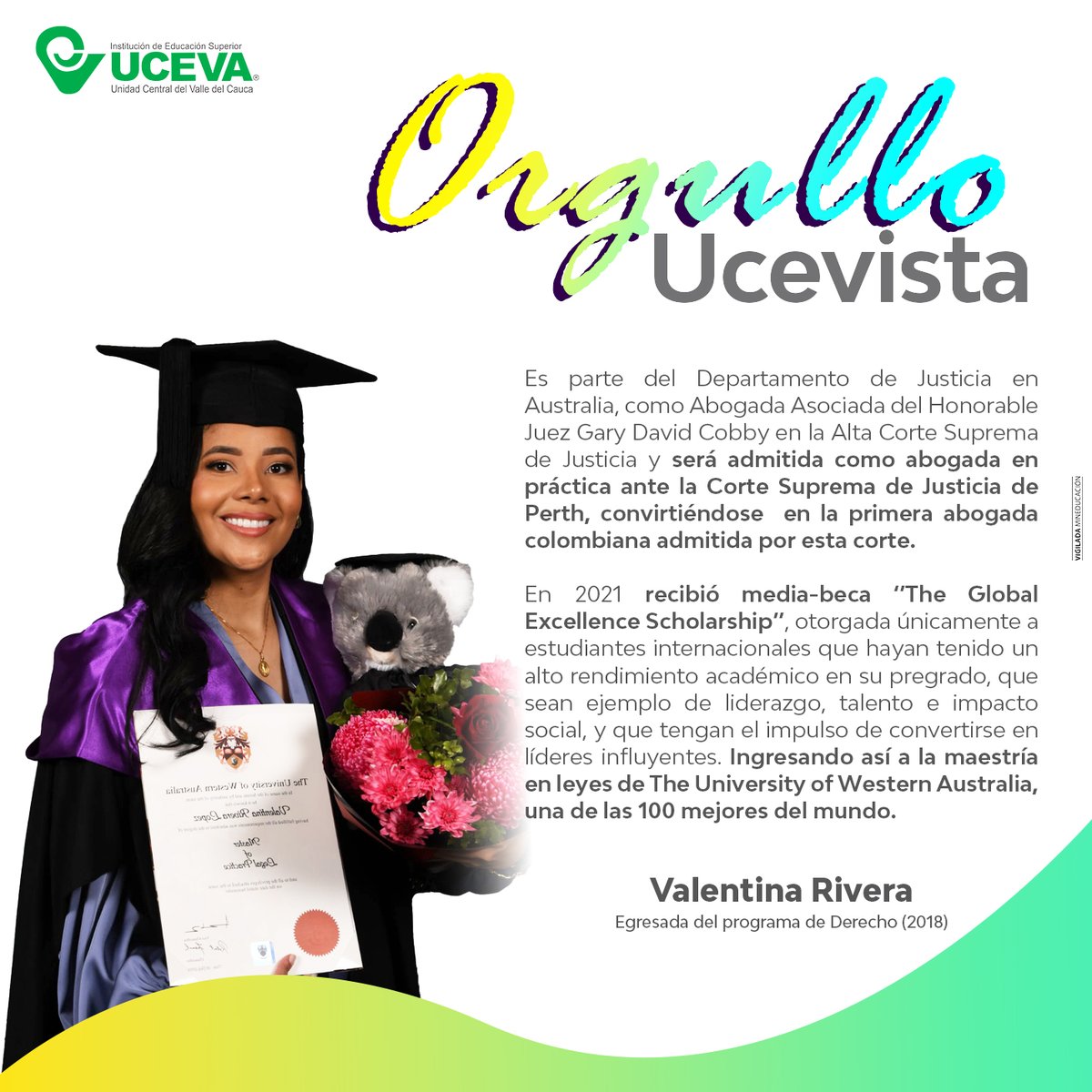 ucevacol's tweet image. En la UCEVA exaltamos la excelencia y dedicación de nuestros egresados, estudiantes y docentes.
En está ocasión nuestra egresada Valentina Rivera, quien durante sus estudios en la UCEVA fue estudiante Buena Nota y quien hoy tiene el privilegio de destacarse en #orgulloucevista