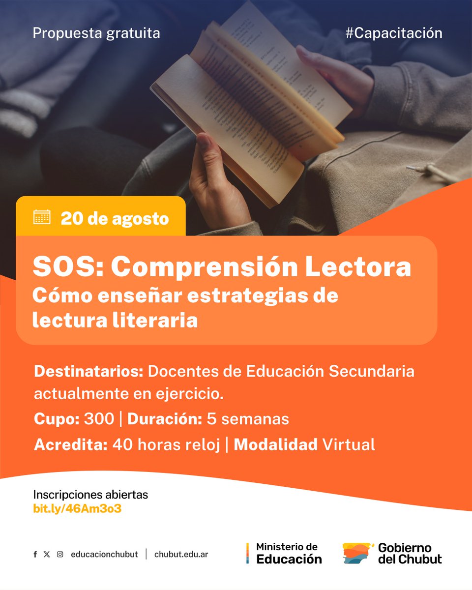 📚 Invitamos a docentes de Educación Secundaria a sumarse a la propuesta gratuita "SOS: Comprensión Lectora. Cómo enseñar estrategias de lectura literaria".

📝 Inscripciones a través del siguiente link: bit.ly/46Am3o3