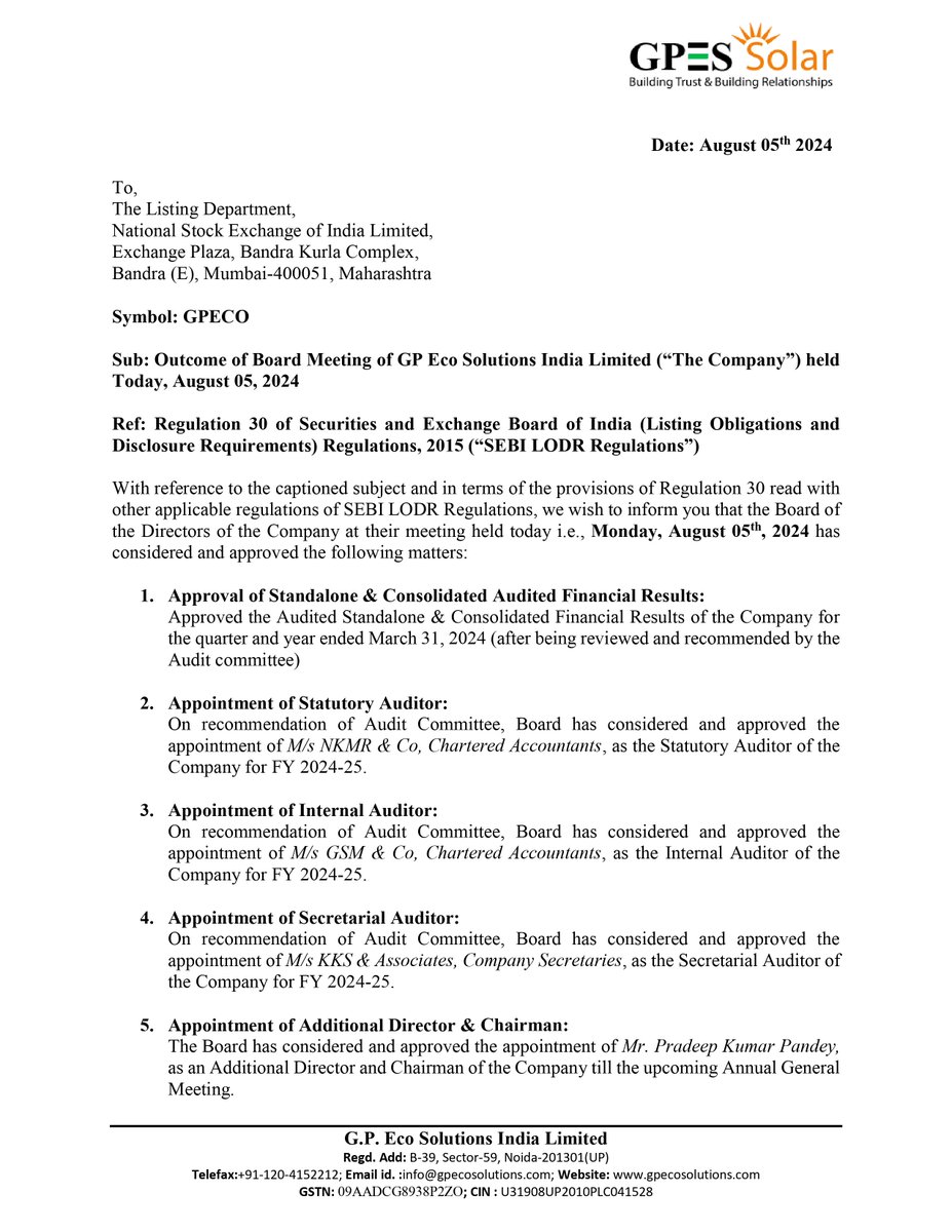 nileshkurhade's tweet photo. 📌 G.P. Eco Solutions India Ltd. informed the exchange about its consolidated audited financial results for the year ended 31st March 2024. #SME #GPECO 📊📈

Consolidated Financial Results: 

-  Total Income: 
  -  FY 2024:  ₹13,867.85 Lakh
  -  FY 2023:  ₹10,587.34 Lakh

-  Net Profit After Tax for the Period: 
  -  FY 2024:  ₹732.81 Lakh
  -  FY 2023:  ₹288.46 Lakh

-  Earnings Per Share (EPS): 
  -  Basic and Diluted: 
    -  FY 2024:  ₹8.68
    -  FY 2023:  ₹4.01